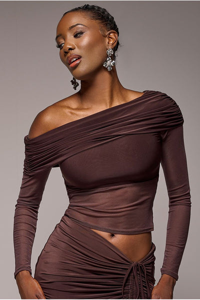 Gathered Bardot Asymmetric Mesh Panel Top - Brown by Goddiva