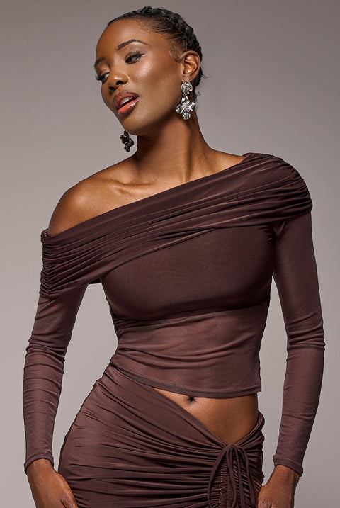 Gathered Bardot Asymmetric Mesh Panel Top - Brown by Goddiva