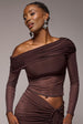 Gathered Bardot Asymmetric Mesh Panel Top - Brown by Goddiva