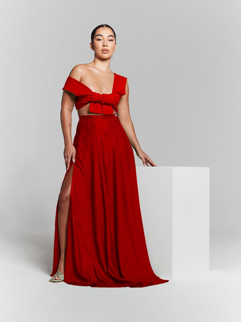 InFlair Red Flared Split Maxi Skirt