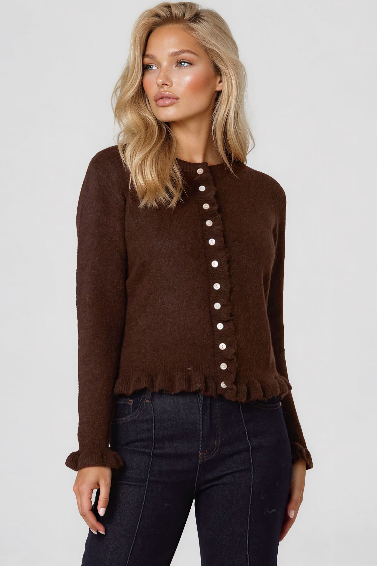Brown Ruffled Trim Wool Blend Cardigan ALWF5826NV030