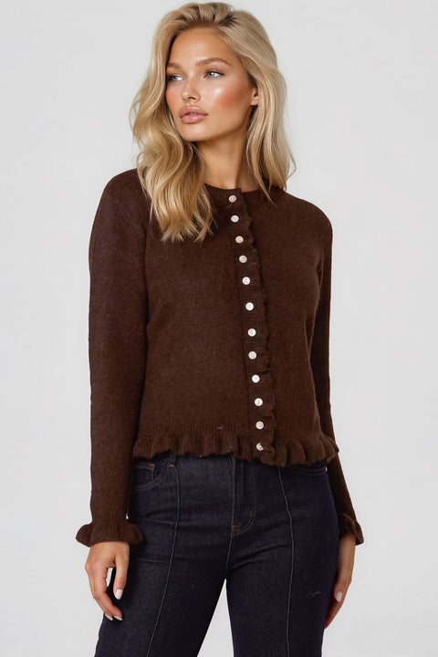 Brown Ruffled Trim Wool Blend Cardigan by Aftershock London