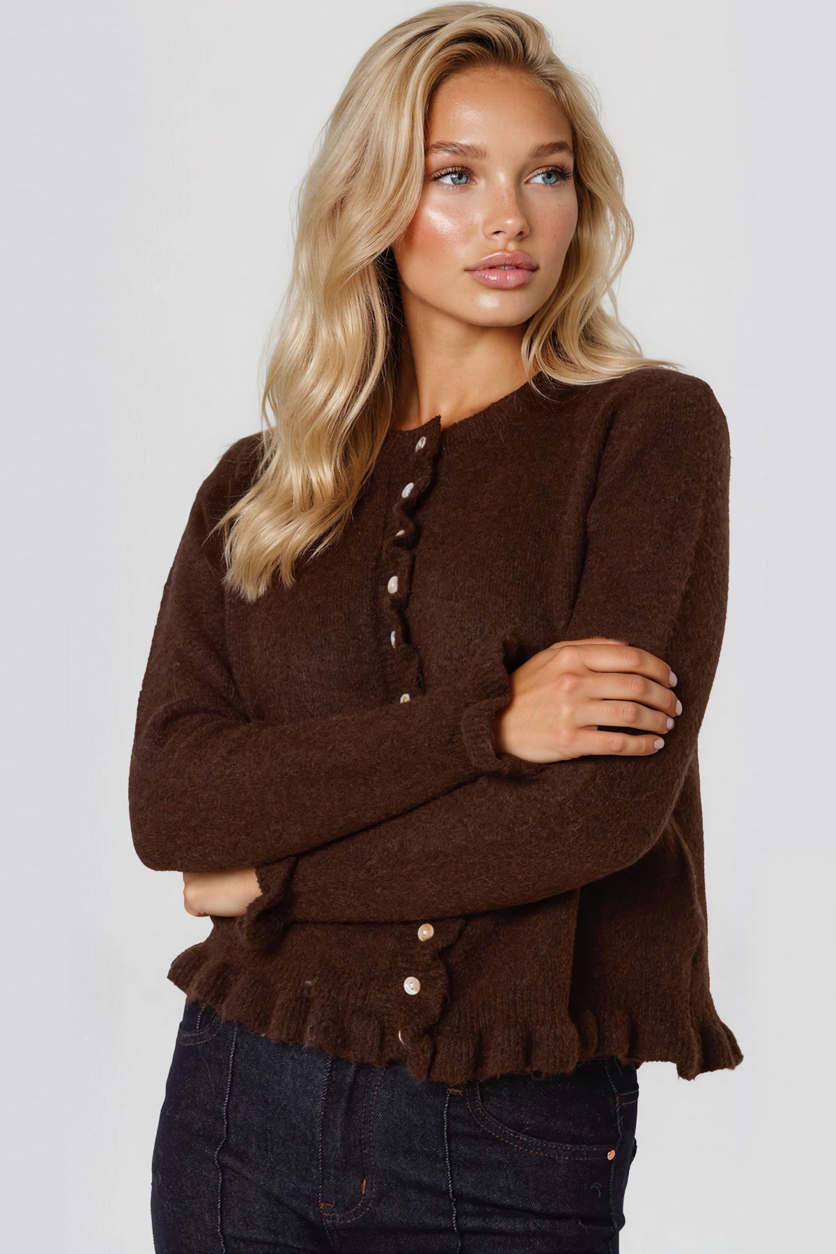 Brown Ruffled Trim Wool Blend Cardigan ALWF5826NV030