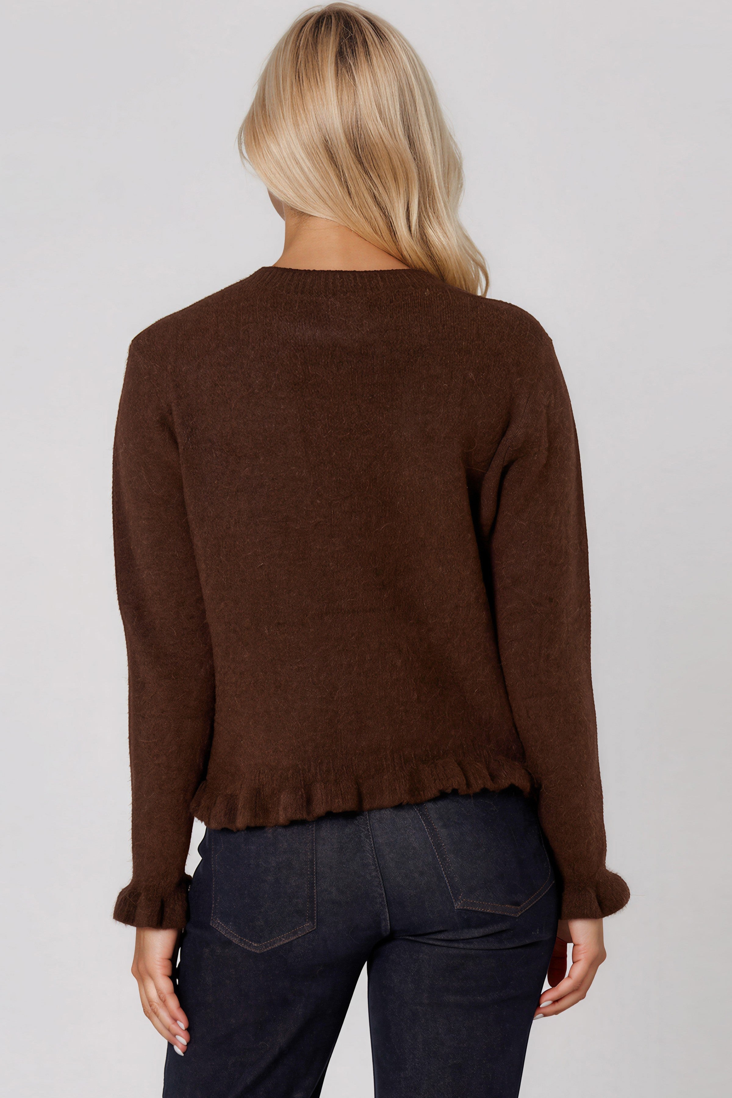 Brown Ruffled Trim Wool Blend Cardigan ALWF5826NV030