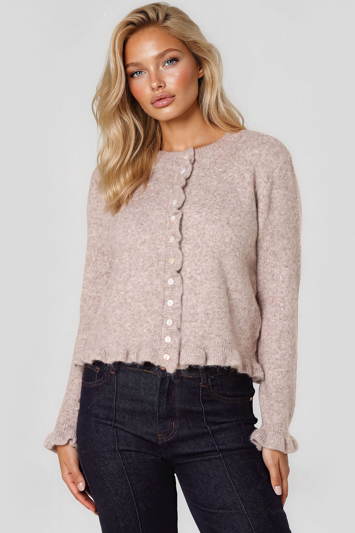 Taupe Ruffled Trim Wool Blend Cardigan ALWF5826NV052