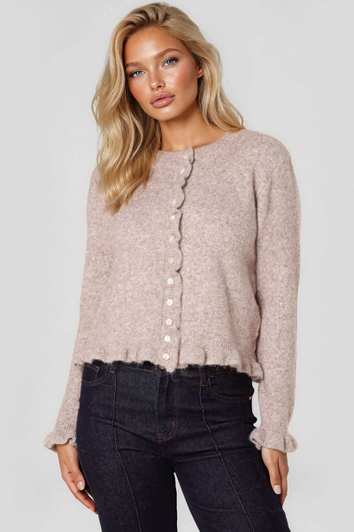 Taupe - Taupe Ruffled Trim Wool Blend Cardigan by Aftershock London