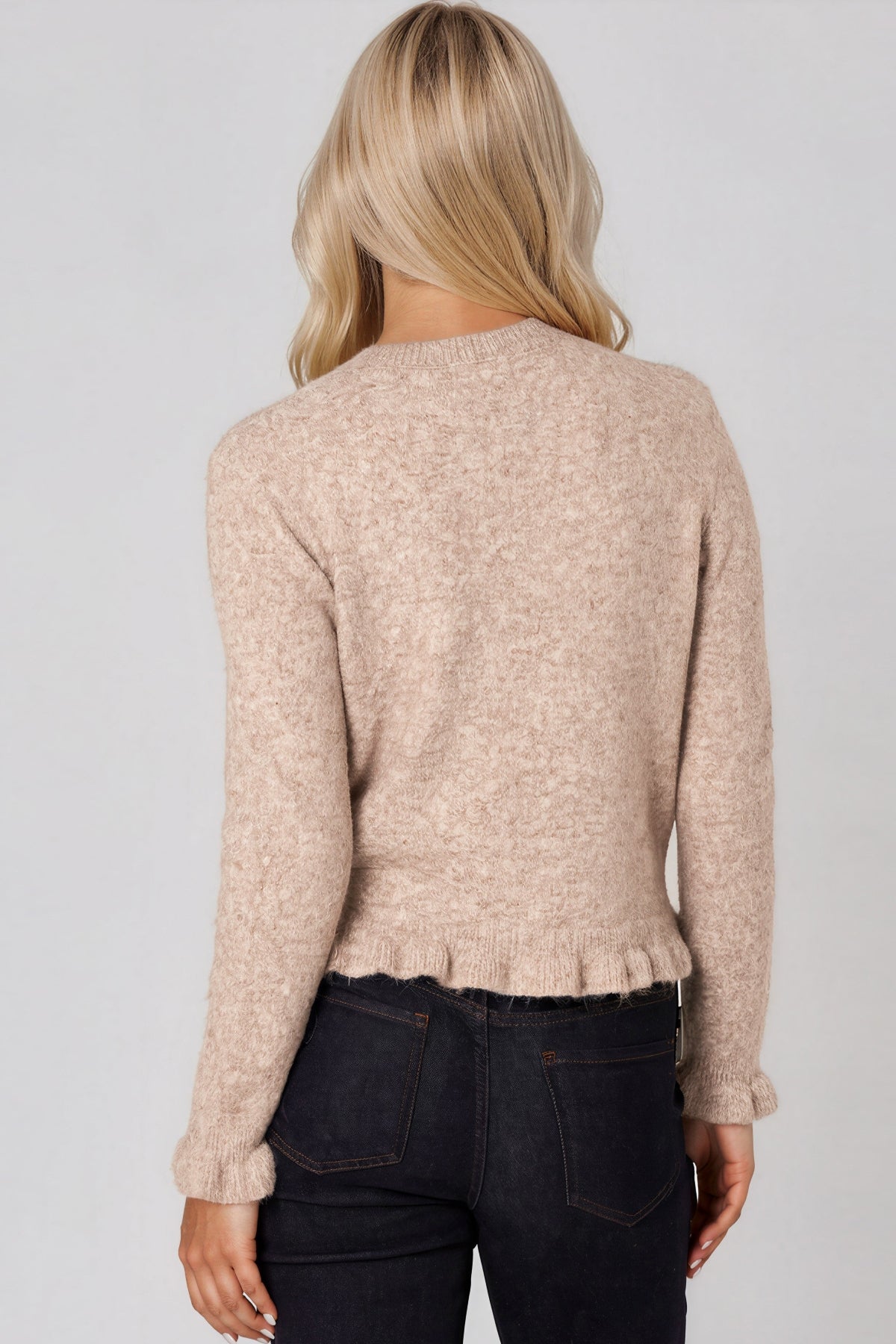 Taupe Ruffled Trim Wool Blend Cardigan ALWF5826NV052