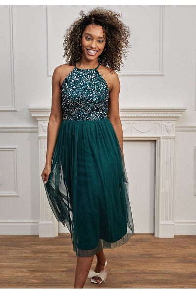 Emerald - Embellished Halterneck Sequin Midi Dress In Emerald Green by Angeleye