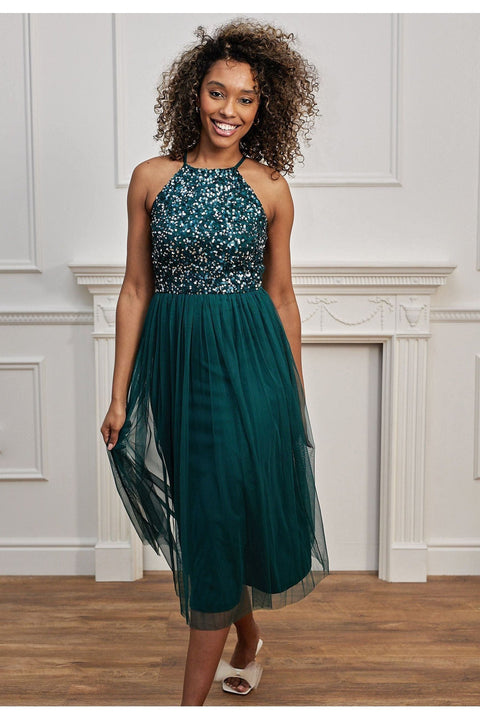 Embellished Halterneck Sequin Midi Dress In Emerald Green by Angeleye