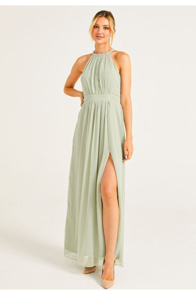 Sage Green - Beaded Halterneck Maxi Dress In Sage Green by Angeleye