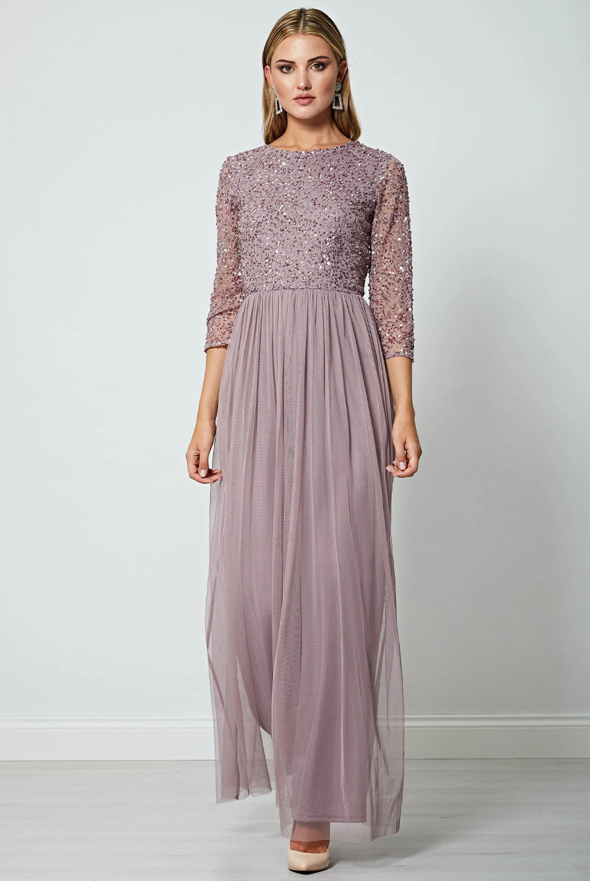 Embellished Sequin Long Sleeve Maxi Dress In Lavender P024400LVDF