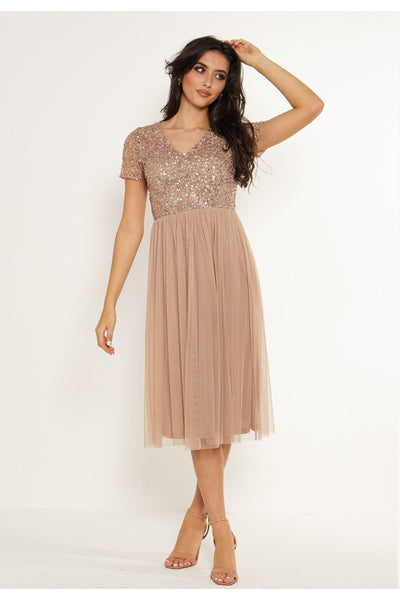 Taupe - Embellished Sequin Baby Doll Midi Dress In Taupe by Angeleye