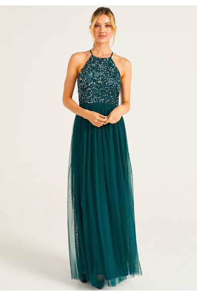 Emerald Green - Embellished Halter Neck Maxi Dress In Emerald Green by Angeleye