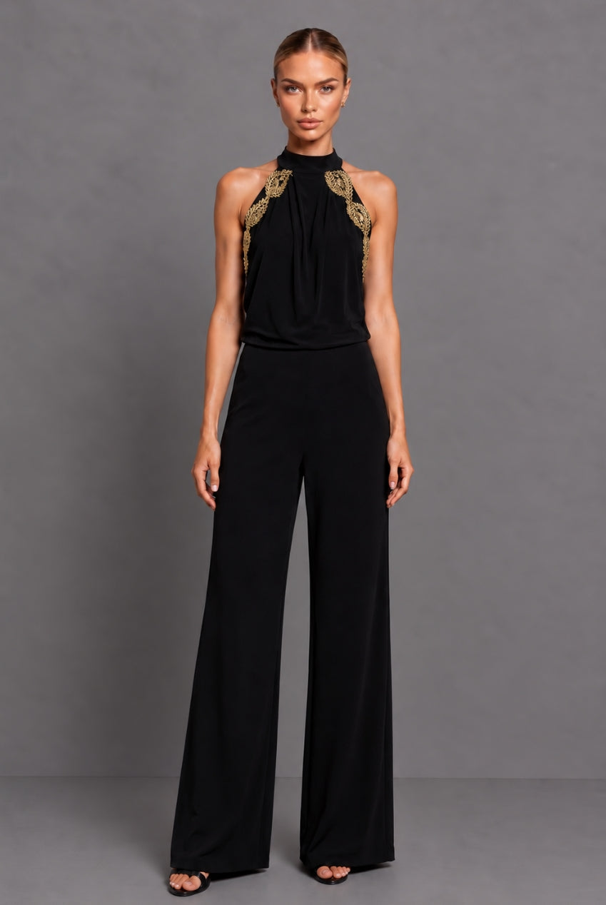 Sasha Black Backless Wide Leg Jumpsuit With Gold Leaf Trim SASHA-JUMPSUIT