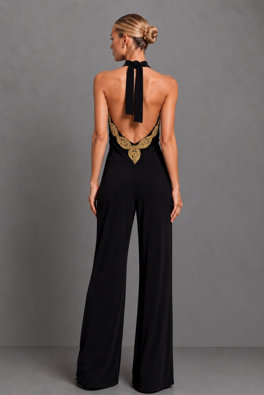 Sasha Black Backless Wide Leg Jumpsuit With Gold Leaf Trim SASHA-JUMPSUIT