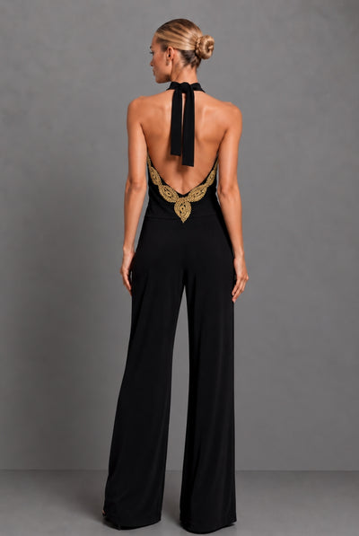 Black - Sasha Black Backless Wide Leg Jumpsuit With Gold Leaf Trim by Honor Gold