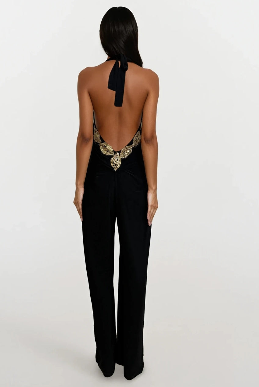 Sasha Black Backless Wide Leg Jumpsuit With Gold Leaf Trim SASHA-JUMPSUIT