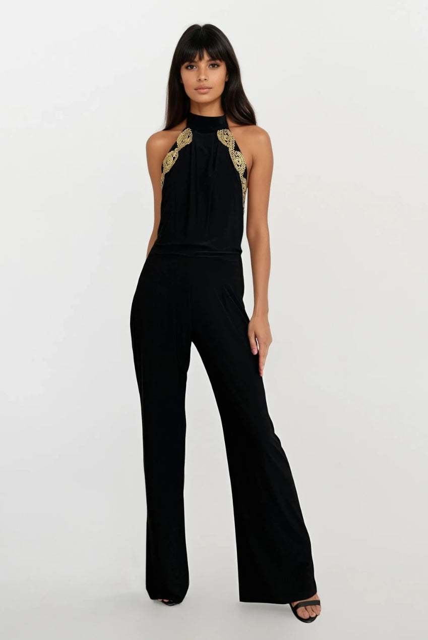 Sasha Black Backless Wide Leg Jumpsuit With Gold Leaf Trim SASHA-JUMPSUIT
