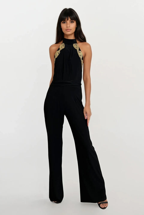 Sasha Black Backless Wide Leg Jumpsuit With Gold Leaf Trim by Honor Gold
