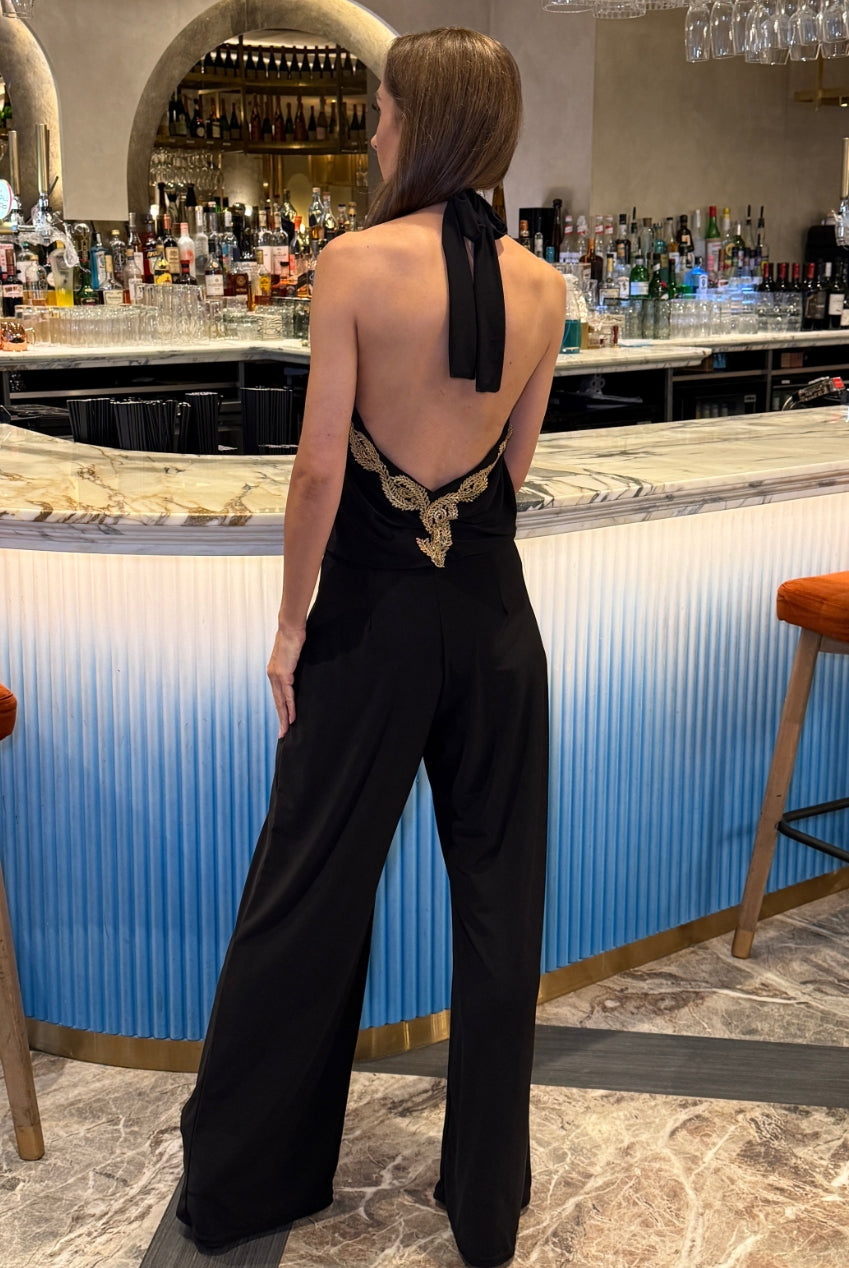 Sasha Black Backless Wide Leg Jumpsuit With Gold Leaf Trim SASHA-JUMPSUIT
