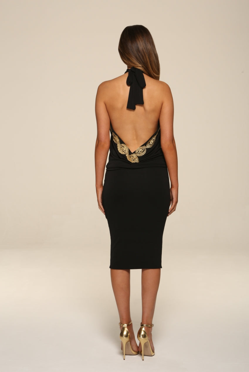 Sasha Black Backless Midi Dress With Gold Leaf Trim SASHA