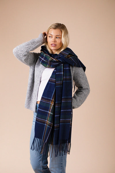 Navy - Tartan Print Scarf In Navy by SVNX