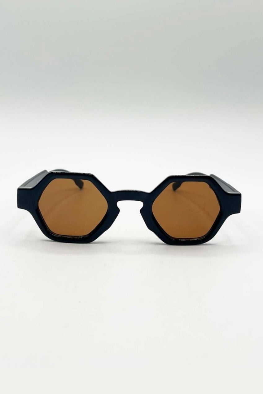 Round Hexagon Sunglasses In Black Brown SG2501202
