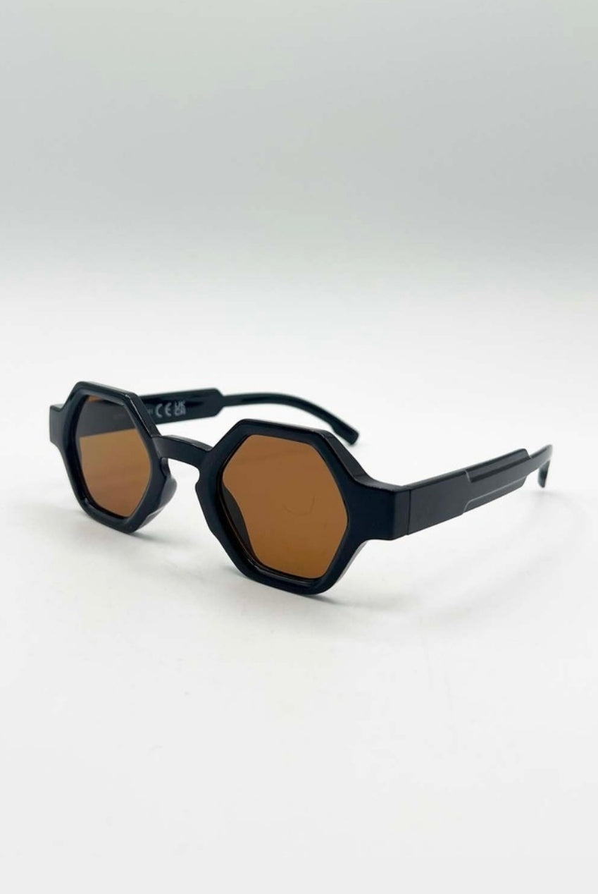 Round Hexagon Sunglasses In Black Brown SG2501202