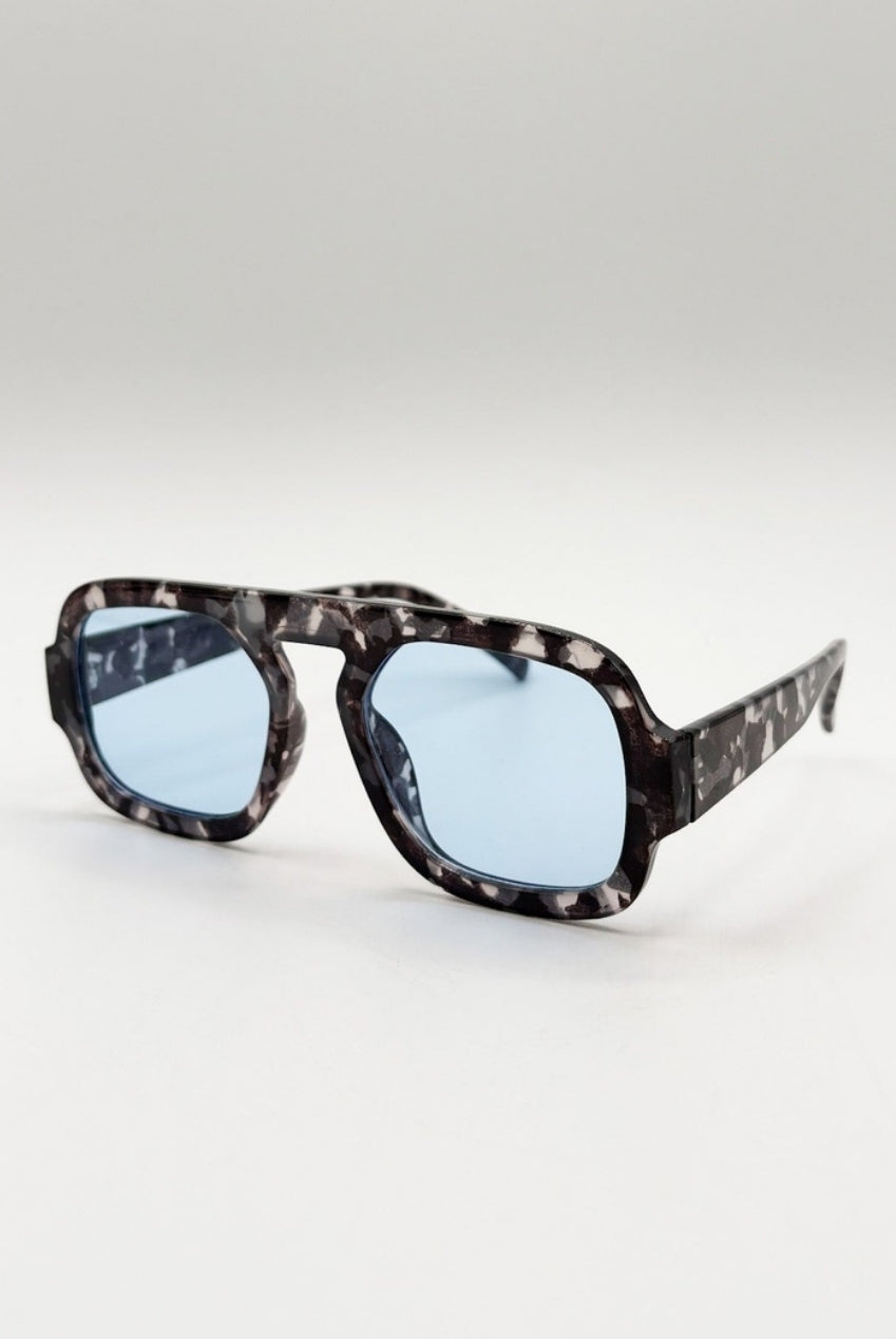 Tortoise Retro Navigator Sunglasses In Grey Blue SG2501320