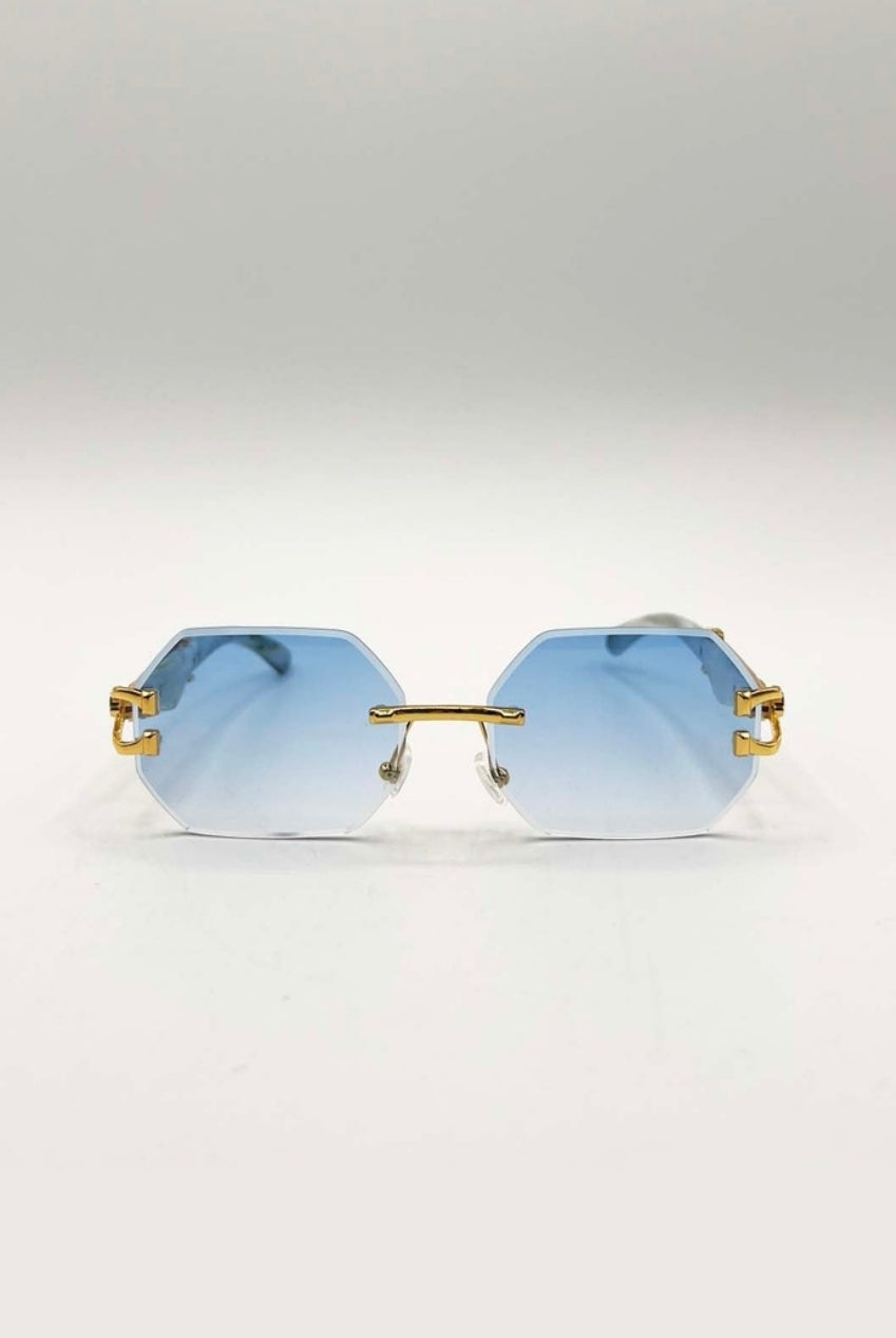 Rimless Oval Geometric Sunglasses In Gold Blue SG2501620