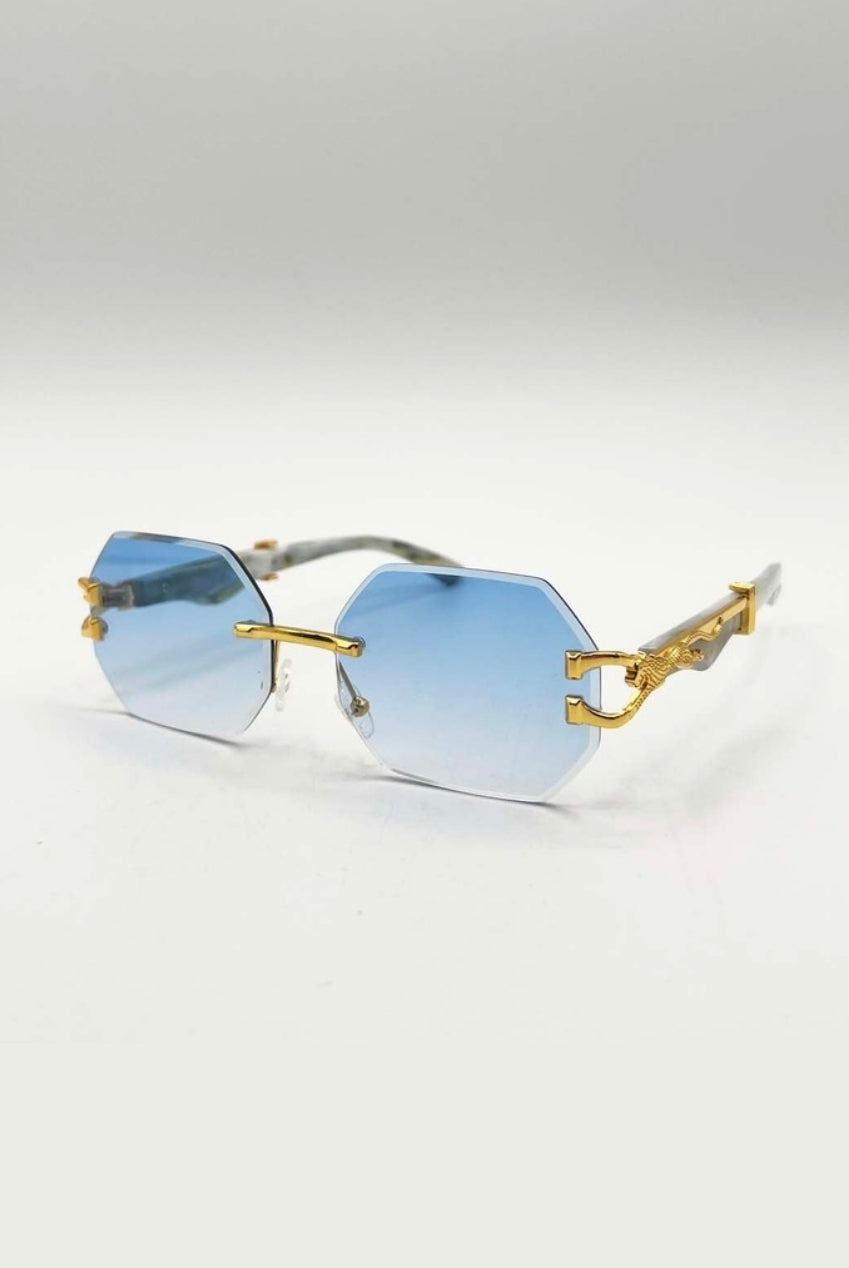 Rimless Oval Geometric Sunglasses In Gold Blue SG2501620