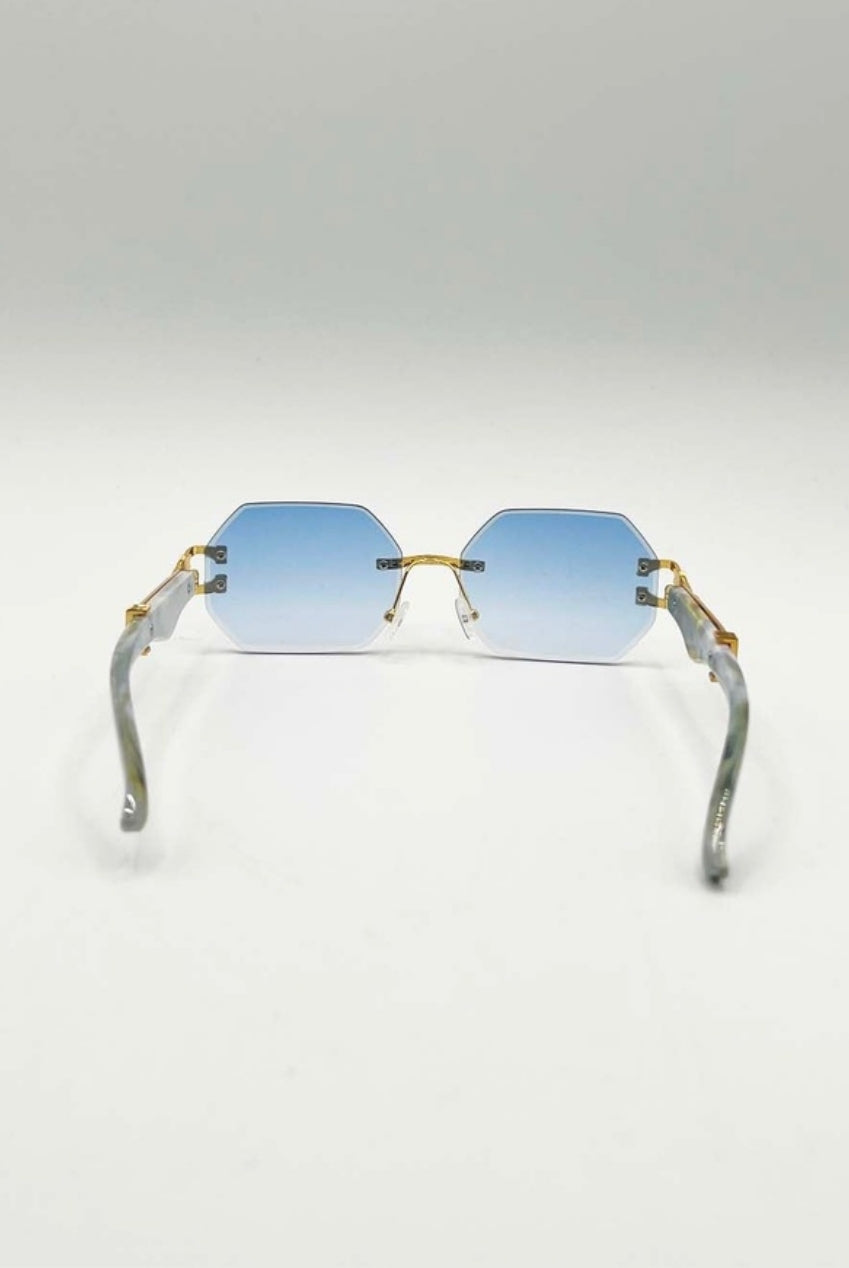 Rimless Oval Geometric Sunglasses In Gold Blue SG2501620
