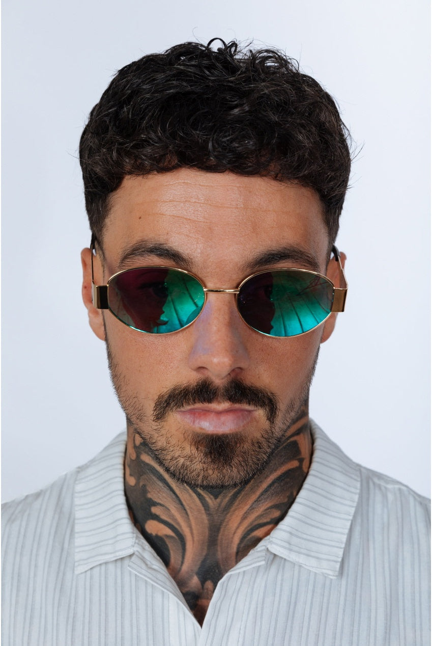 Oval Metal Frame Sunglasses In Gold Green SG2501817