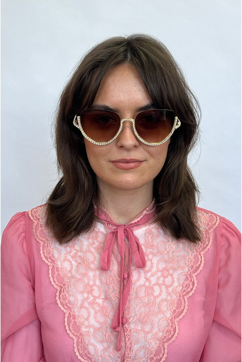 Upper Rimless Pearl Sunglasses In Gold Brown SG2503324