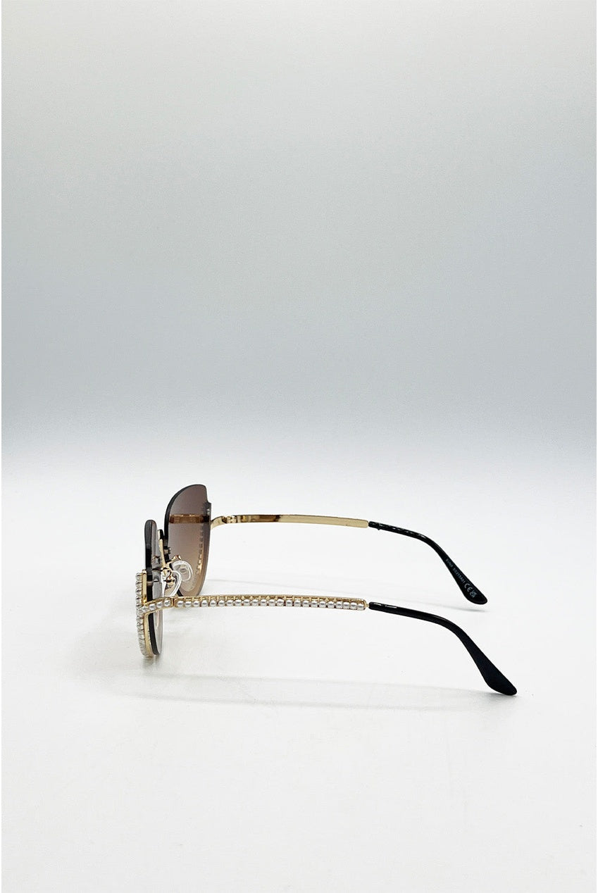 Upper Rimless Pearl Sunglasses In Gold Brown SG2503324