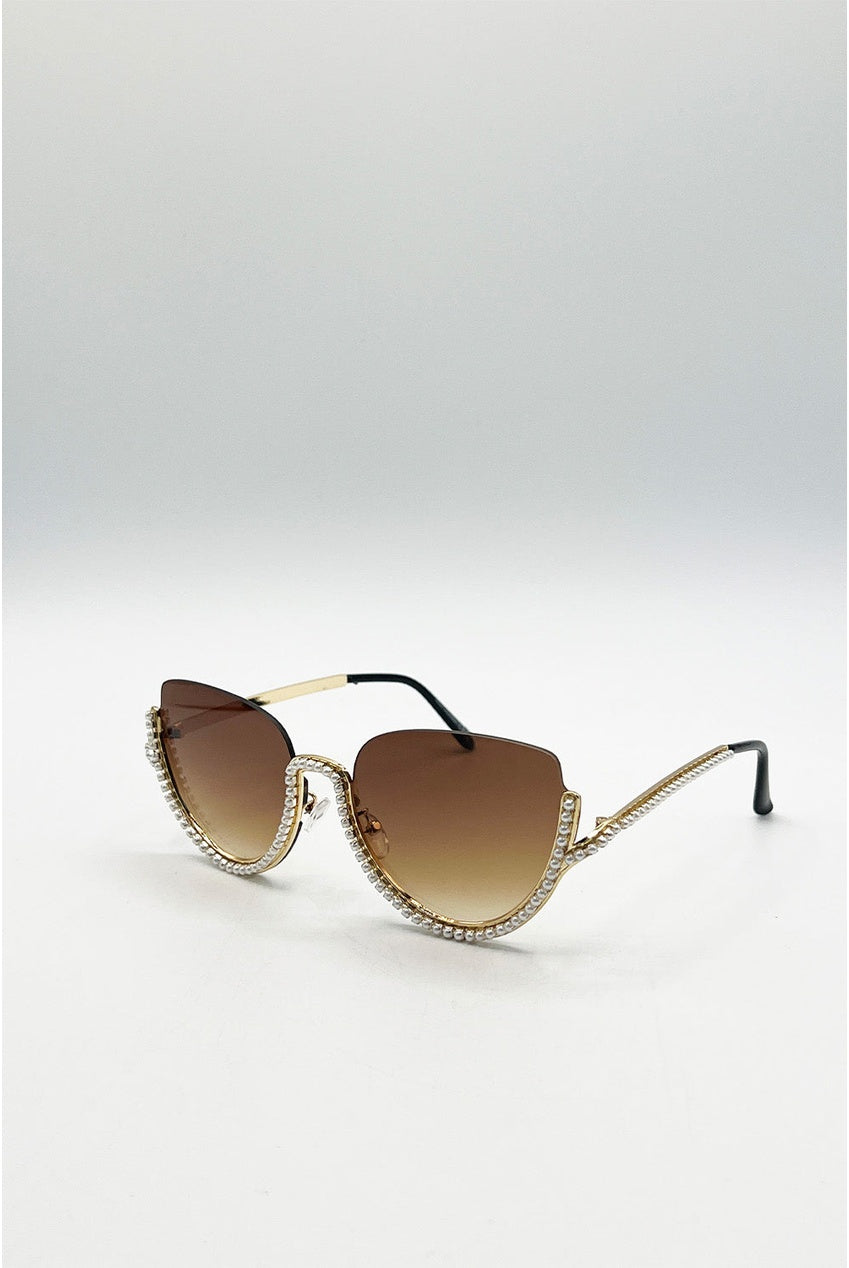 Upper Rimless Pearl Sunglasses In Gold Brown SG2503324