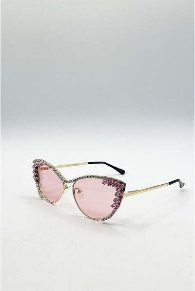 Pink - Cat-Eye Diamante Sunglasses In Pink by SVNX