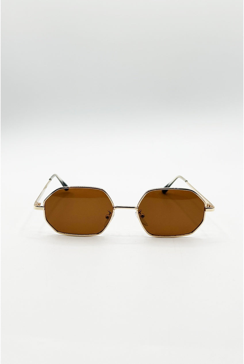 Oval Geometric Metal Frame Sunglasses In Gold Brown SG2503906