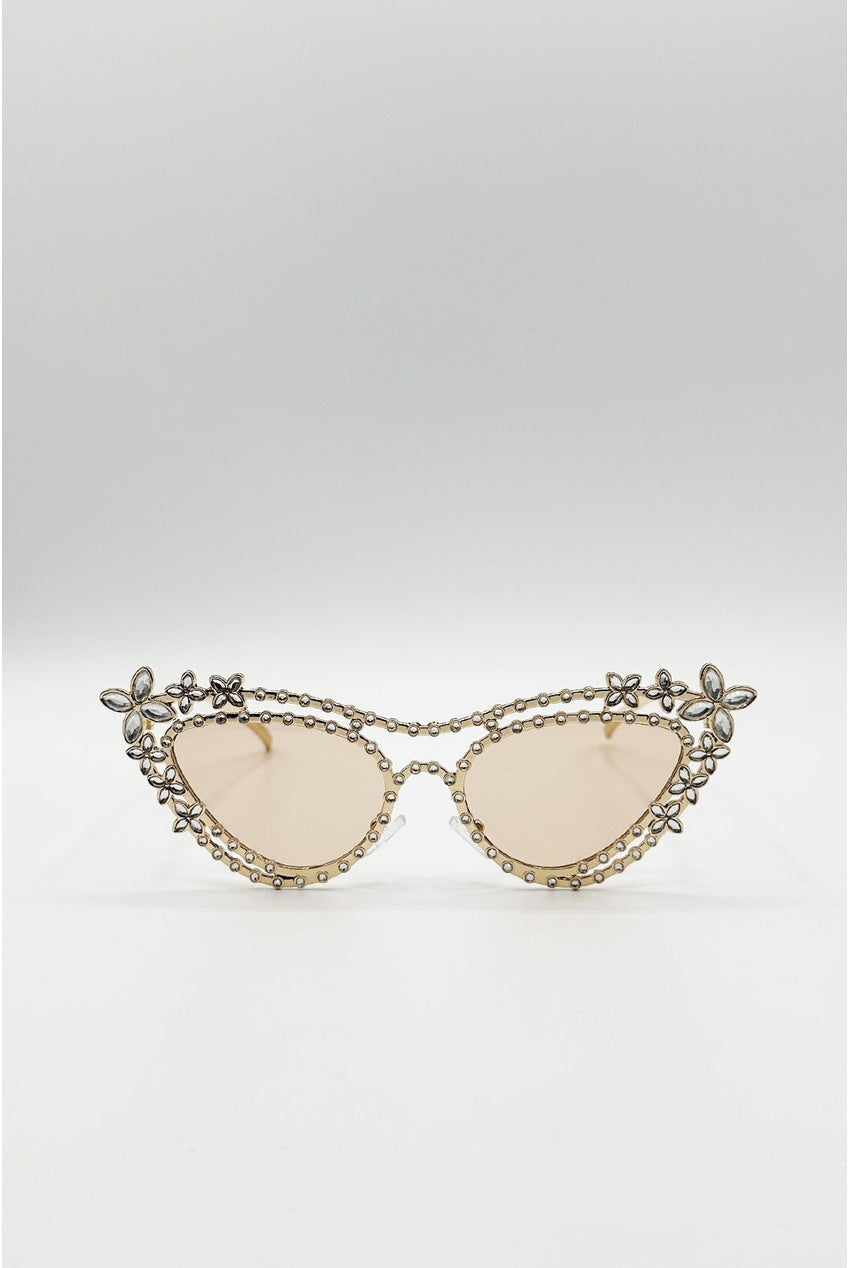 Diamante Cat Eye Sunglasses In Champagne SG2600334