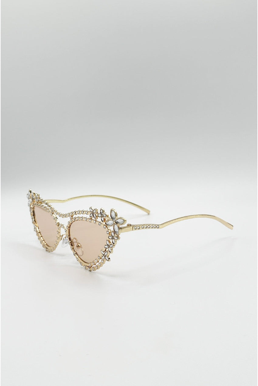 Diamante Cat Eye Sunglasses In Champagne SG2600334