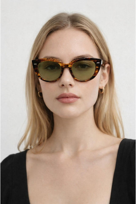 Round Stripe Cat Eye Sunglasses In Brown Yellow by SVNX