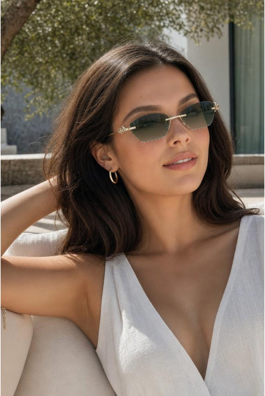 Cat Eye Rimless Sunglasses In Green SG2601217