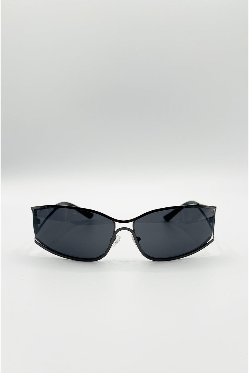 Retangle Wrap Around Metal Sunglasses In Gun Metal SG2602402