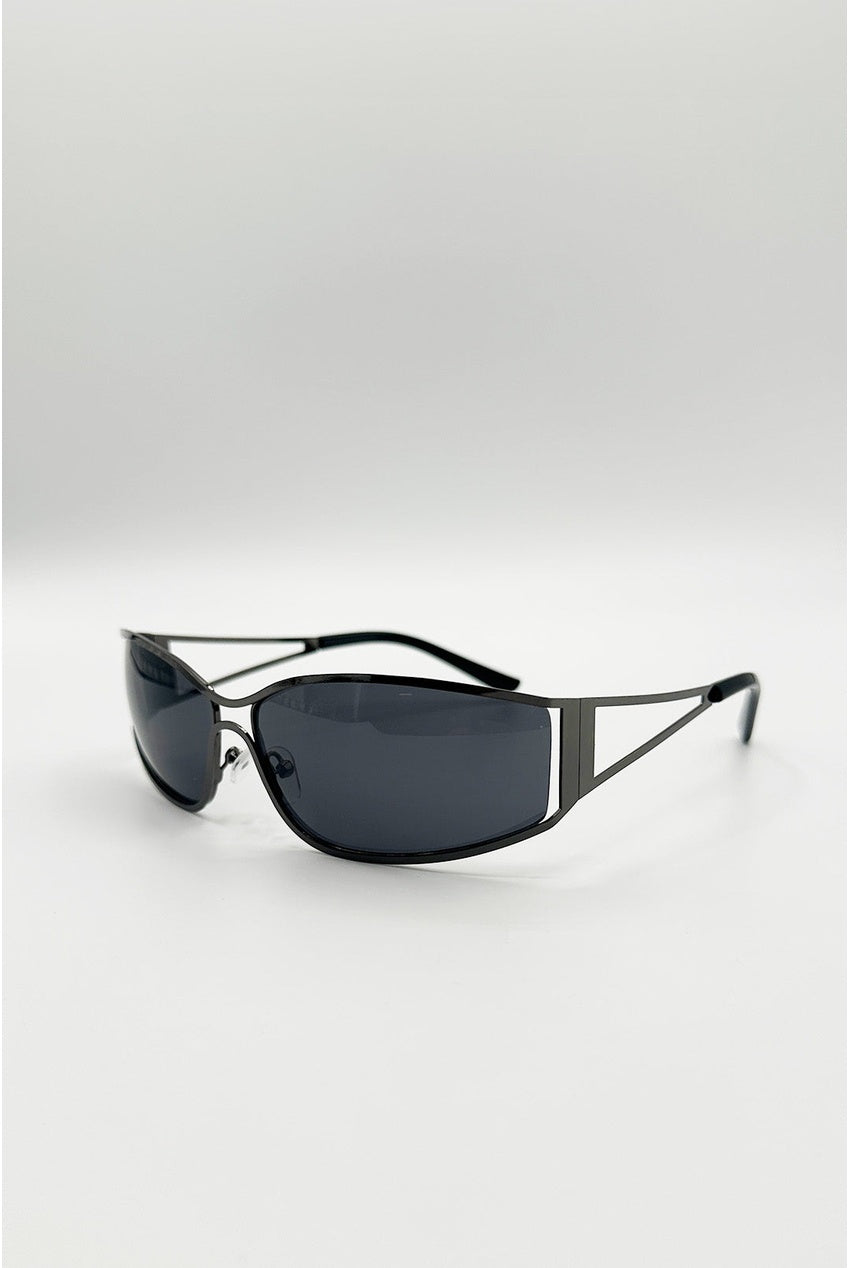 Retangle Wrap Around Metal Sunglasses In Gun Metal SG2602402