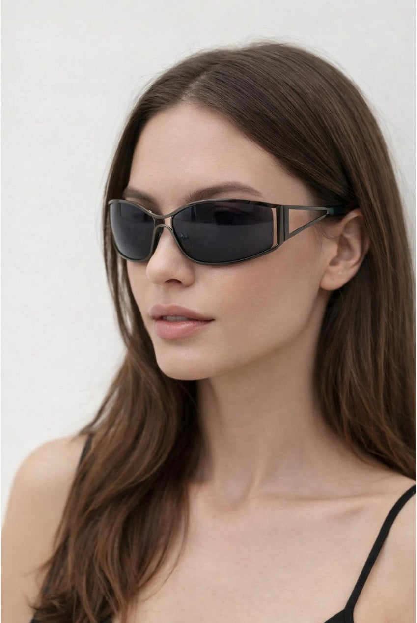 Retangle Wrap Around Metal Sunglasses In Gun Metal SG2602402