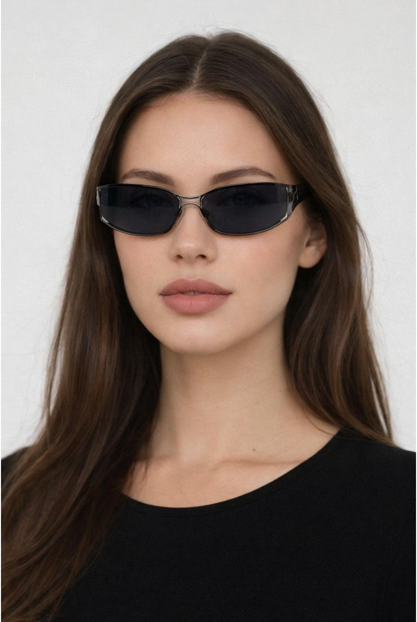 Retangle Wrap Around Metal Sunglasses In Gun Metal SG2602402