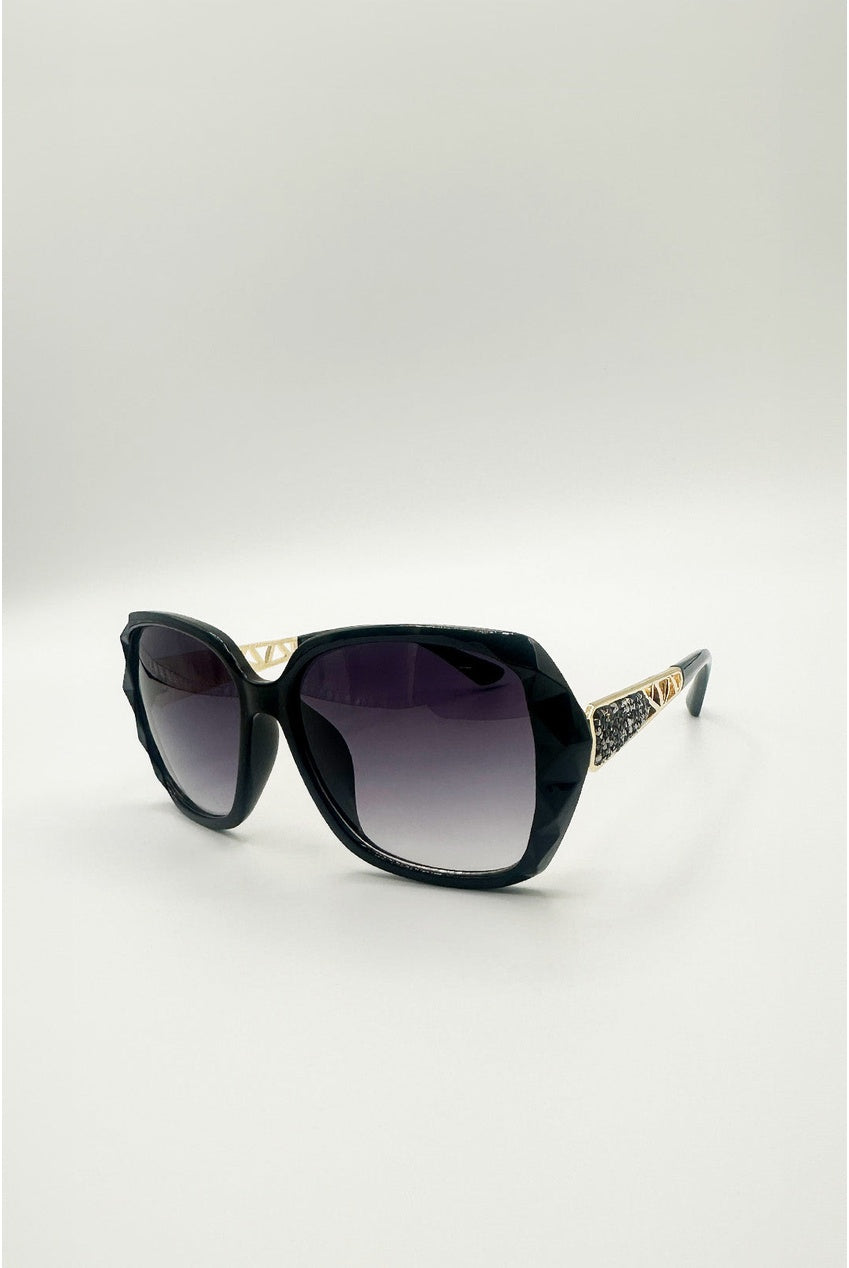 Round Square Side Detail Sunglasses In Black SG2602902