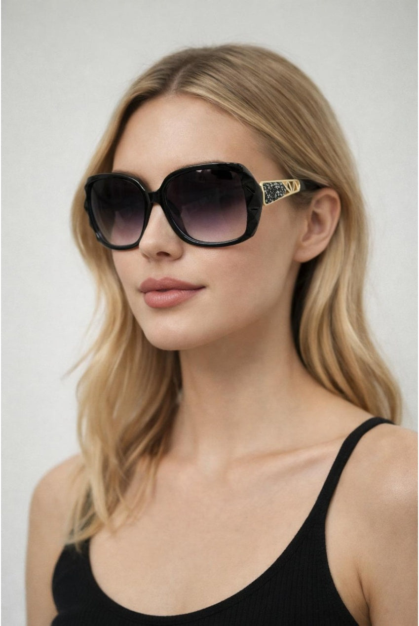 Round Square Side Detail Sunglasses In Black SG2602902
