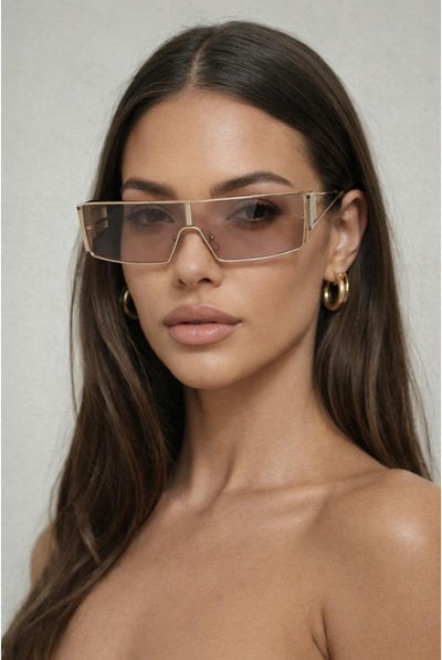 Brown - Retangle Flattop Metal Sunglasses In Brown by SVNX