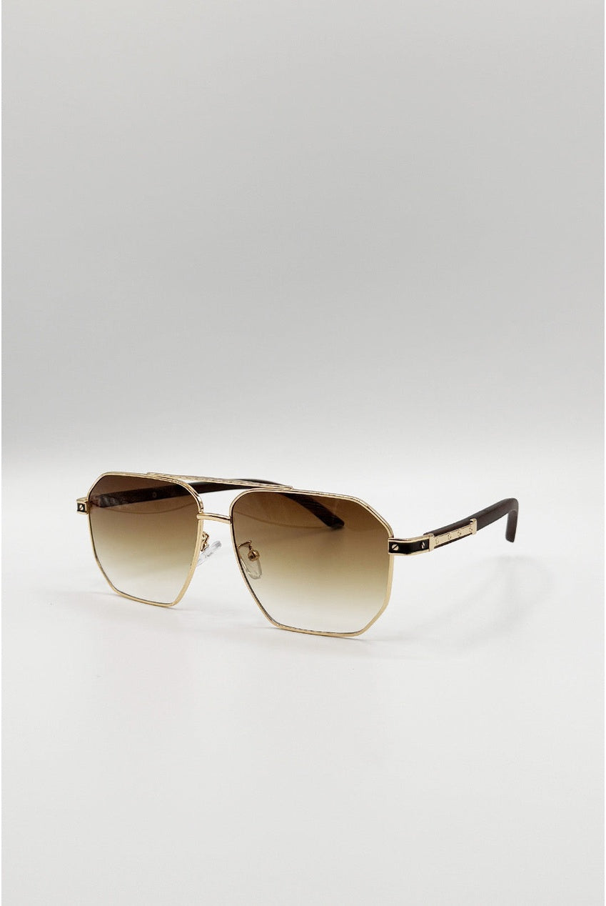 Retro Square Navigator Sunglasses In Brown SG2604306